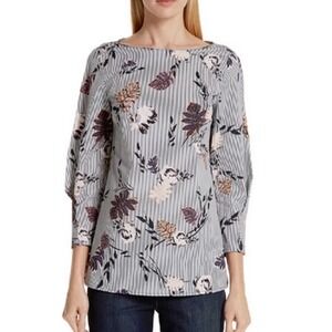Lafayette 148 NY Caddie Blouse Ink Floral Print Zip Sleeve Blouse Size 12